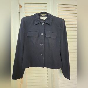 Vintage 90s Jones New York Black Blazer with Beaded Collar Size 8 Shoulder Pads